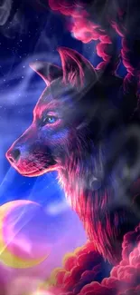 Mystical wolf with moon in starry night sky wallpaper.