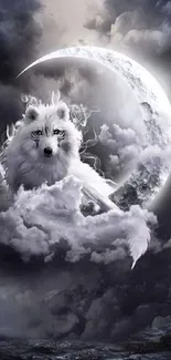 Mystical white wolf in clouds before a glowing moon.