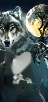 Wolves under a mystical full moon night sky wallpaper.