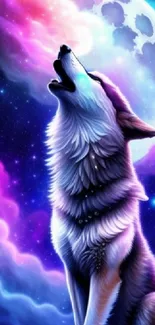 Mystical wolf howling at the moon with a cosmic backdrop.