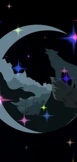 Mystical wolf silhouette under colorful crescent moon and stars.