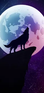 Silhouette of a wolf howling at a large moon with a starry sky backdrop.