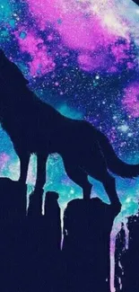 Silhouette of a wolf against a vibrant purple moon and cosmic background.