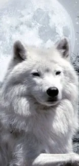 White wolf standing under a bright full moon in a winter forest.