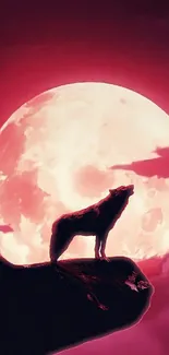 Wolf howling on a cliff in front of a red moon, surrounded by clouds.