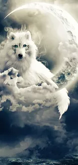 Mystical white wolf resting on crescent moon, surrounded by clouds.