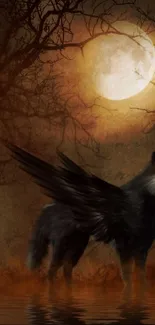 Mystical winged wolf in moonlit forest.