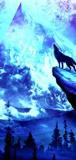 Silhouetted wolf under a bright, mystical moonlit mountain.