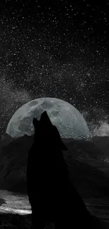 Silhouette of wolf howling at moon with cosmic starry sky.