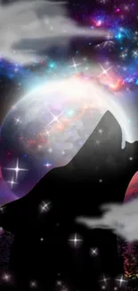 A mystical wolf howling at a glowing moon with a colorful galaxy backdrop.