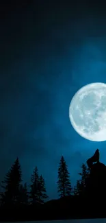 Wolf howling at the moon under a dark blue night sky.