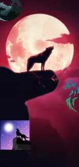 Wolf howling at the red moon with mystical vibe.