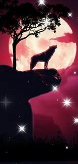 Wolf howling at moon with stars and magenta sky.