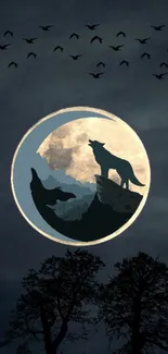 Wolf howling at the moon in dark silhouette against a night sky.