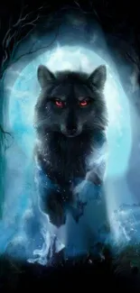 Mystical dark wolf in moonlit forest.