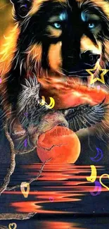 Mystical wolf artwork under a vivid moonlit sky in fiery colors.