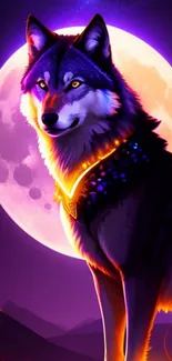 Mystical wolf in moonlight with purple night sky.