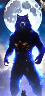 Mystical wolf standing under a glowing full moon with a blue luminous aura.