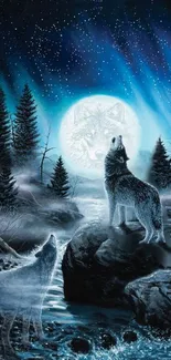 Mystical wolf howling under a full moon with a starry night backdrop.