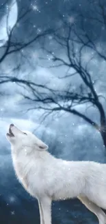 White wolf howling under a starry, moonlit sky in a mystical forest setting.