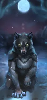 Majestic wolf under moonlit sky in mystical art wallpaper.