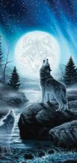 Wolves howling at the moon in a mystical night forest scene.