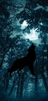 Wolf silhouette howling in a moonlit forest with trees.