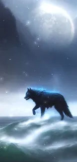 A wolf walks on ocean waves under a moonlit sky in a mystical night scene.