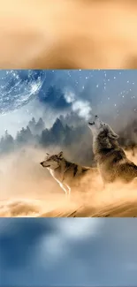 Wolf howling under moonlit starry sky with forest backdrop.