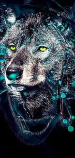 Neon wolf portrait with glowing teal and dark colors.