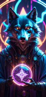 Mystical neon wolf holding a glowing symbol.