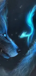 Ethereal neon wolf with blue glow on a dark background.