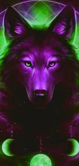 Mystical neon wolf with cosmic and lunar elements on a mobile wallpaper.