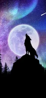 Silhouette of a wolf under a vibrant galaxy night sky with full moon and shooting star.