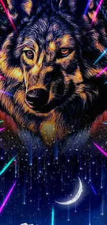 Mystical wolf with moon and stars in a night sky wallpaper.