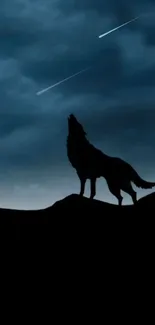 Silhouette of a wolf under a dark, starry night sky with shooting stars.