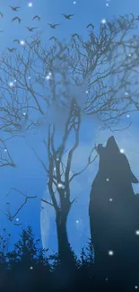 Wolf silhouette with moonlit sky and stars in blue mobile wallpaper.