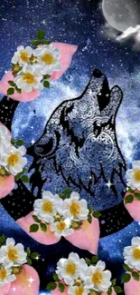 Artistic wallpaper featuring a patterned wolf and floral elements against a galaxy backdrop.