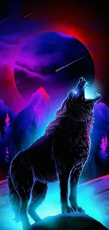 A mystical wolf howling under a neon blue celestial sky.