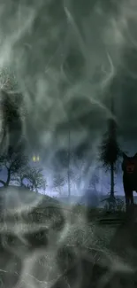 Mystical forest at night with wolf silhouette and moon.