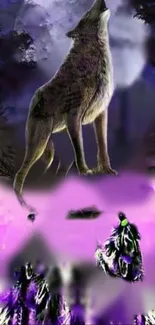 Howling wolf under moonlight with purple glow.