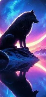 A wolf silhouetted against a crescent moon with a purple reflection.