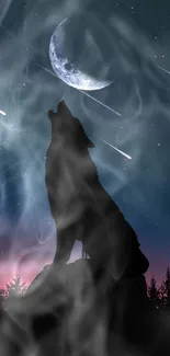 Silhouette of a wolf howling at the moon with shooting stars.