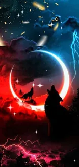 Wallpaper of wolves under a crescent moon with red and blue clouds and lightning.