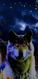 Mystical wolf under a starry night sky with lightning.