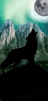 Wolf silhouette with Northern Lights in a mountain landscape at night.