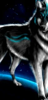 Mystical wolf with teal highlights on a galaxy background.