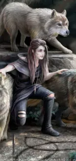 Fantasy artwork of a woman with wolves in a forest setting.