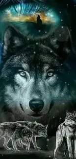 Mystical wolf pack with blue tones and a dark forest background wallpaper.