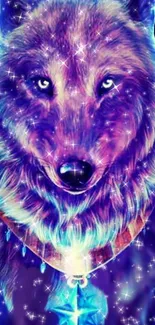 Mystical wolf wallpaper with stars and glowing violet hues.